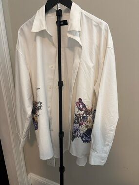 HARÉ Japanese Streetwear White Floral Botton Down Shirt. Frees Size Minimalist